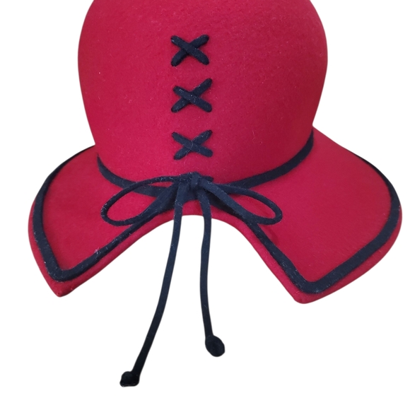 Liz Claiborne Red Wool Cloche Hat with Black Trim. - Picture 8 of 12